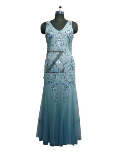 long blue beaded dress