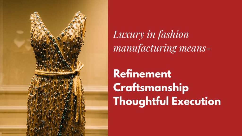 a high end golden beaded dress with text luxury in fashion