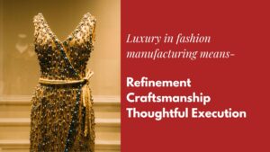a high end golden beaded dress with text luxury in fashion