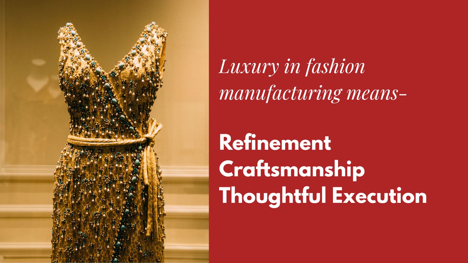 a high end golden beaded dress with text luxury in fashion