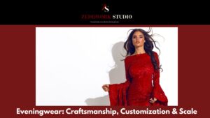 indian model wearing a red sequin eveningwear dress