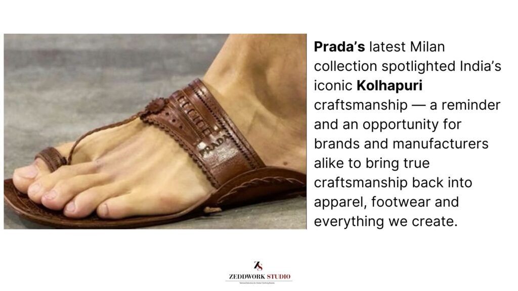 Closeup shot of Kolhapuri from Prada's  runway collection showing craftsmenship in Indian product recogized by global brands 