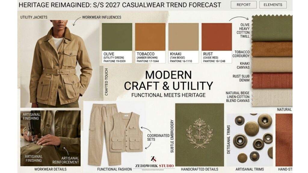 spring-summer-2027-casualwear-trend-forecast-modern-craft-and-utility A professional trend forecasting layout titled "HERITAGE REIMAGINED: S/S 2027 CASUALWEAR TREND FORECAST" with a central theme of "MODERN CRAFT & UTILITY: FUNCTIONAL MEETS HERITAGE". The top left image features a close-up of a model wearing a structured beige utility jacket with large patch pockets, a defined waist belt, and a corduroy collar. The central palette features four Pantone blocks: Olive (Pantone 19-0309), Tobacco (Pantone 17-1044), Khaki (Pantone 16-1110), and Rust (Pantone 18-1248). The right margin presents stacked swatches of natural cotton fabrics including olive heavy cotton twill, tobacco corduroy, khaki canvas, rust slub denim, and natural beige linen-cotton canvas. The lower panel features photos of hands guiding a garment through a sewing machine for artisanal finishing, a beige utilitarian coordinated set consisting of a multi-pocket vest and relaxed trousers, subtle floral embroidery on olive fabric, metal artisanal buttons, and a close-up of hand-stitched patches on rust denim.