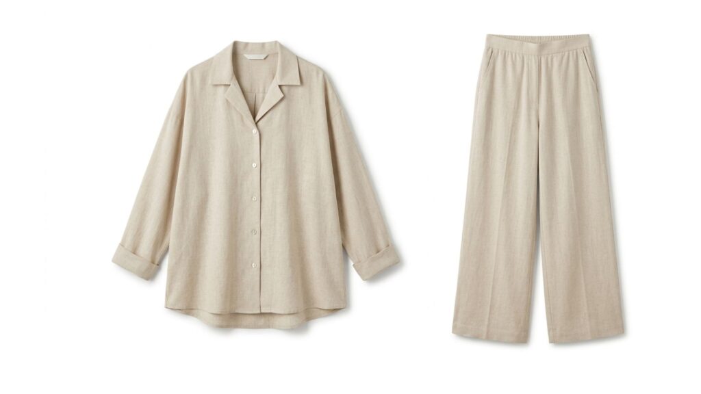 spring-summer-2027-luxury-resort-lounge-linen-set A two-piece women's luxury resort and lounge set curated for Spring Summer 2027. The collection includes a relaxed, oversized button-down shirt with a notched collar and matching wide-leg pants, beautifully displayed in a breathable cotton-linen texture and natural sand color against a clean white background