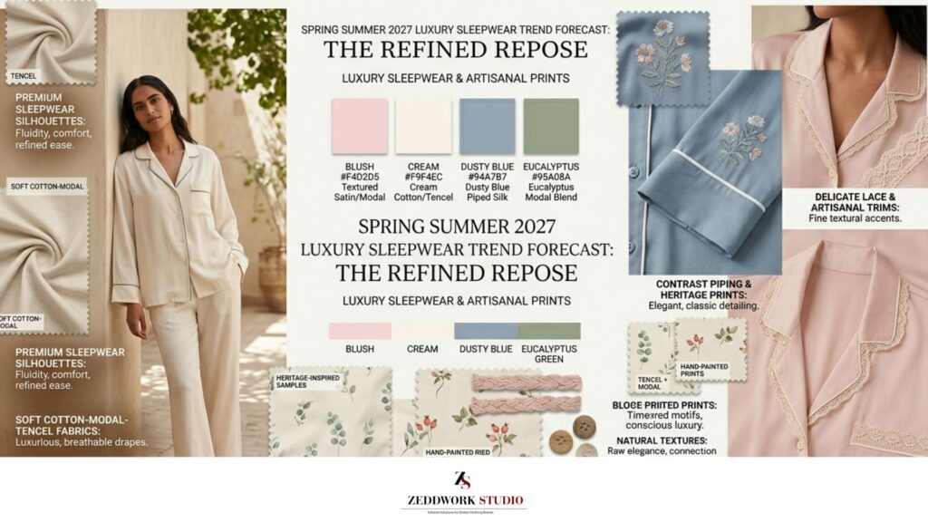 spring-summer-2027-luxury-sleepwear-trend-forecast-the-refined-repose A sophisticated fashion industry report layout titled "THE REFINED REPOSE: LUXURY SLEEPWEAR & ARTISANAL PRINTS" for Spring Summer 2027. On the left, an editorial image features a model posing outdoors in a cream-colored, relaxed-tailoring pajama set with subtle green contrast piping. The center color palette highlights pastel swatches with hex codes: Blush (#F4D2D5), Cream (#F9F4EC), Dusty Blue (#94A7B7), and Eucalyptus (#95A08A). The right side exhibits details of dusty blue sleepwear featuring embroidered floral motifs and fine white piping, next to a blush-pink pajama top with intricate lace borders. Bottom swatches showcase Tencel, modal, and hand-painted heritage prints with leaf and berry motifs, accompanied by natural trims and mother-of-pearl buttons.