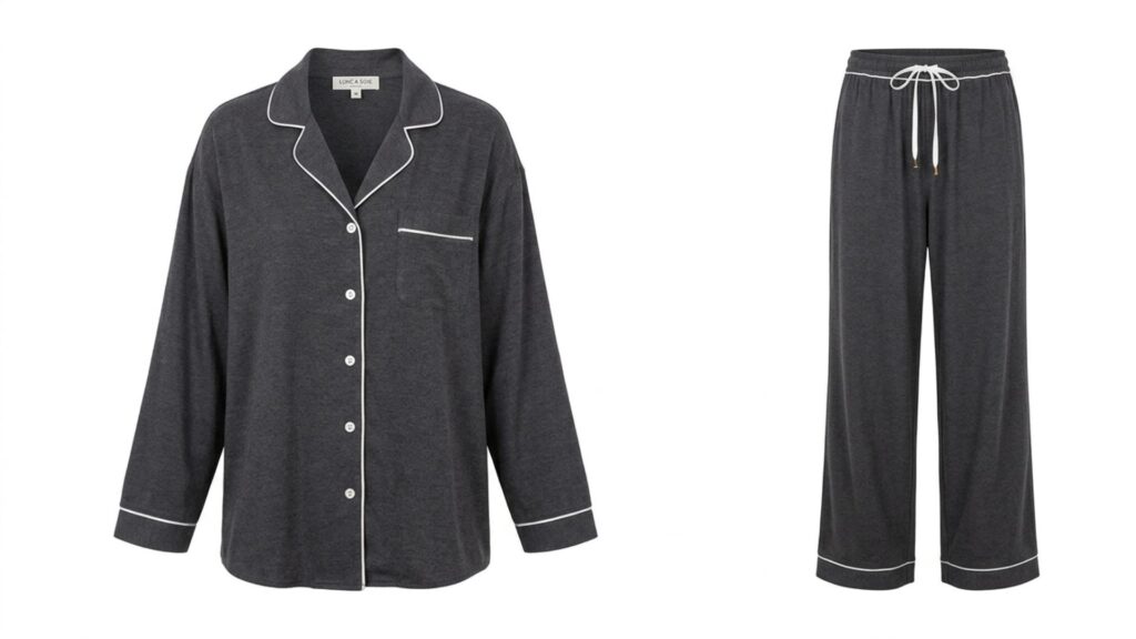 spring-summer-2027-premium-womens-cotton-modal-pajama-set A front-facing product display of a premium women's pajama set for the Spring Summer 2027 luxury sleepwear collection. The set features a classic charcoal gray button-down sleep shirt and matching relaxed-fit pants, crafted from soft cotton-modal fabric with elegant white contrast piping details, isolated on a white background