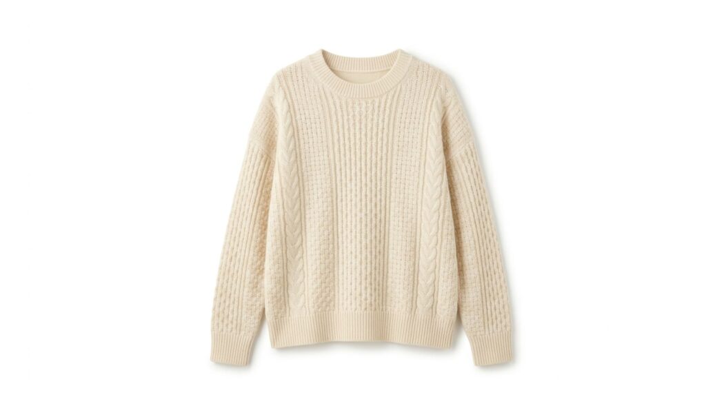 spring-summer-2027-womens-fine-gauge-knitwear-pullover A high-end apparel product image of a premium women's lightweight pullover sweater from the Spring Summer 2027 knitwear forecast. The garment is shown in a front-facing display on a white background, highlighting its soft ivory color, a fine-gauge knit construction, intricate vertical cable and textured stitch detailing, and a modern relaxed silhouette. (