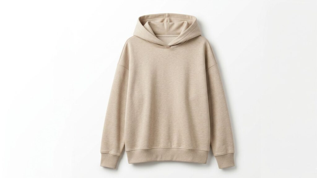 spring-summer-2027-womens-lightweight-french-terry-hoodie A front view of a premium women's lightweight hoodie for the Spring Summer 2027 luxury casualwear season. The garment features a relaxed, oversized silhouette crafted from a soft cotton-modal French Terry fabric in a natural beige color, complete with clean minimal styling and premium rib cuffs and hem, isolated on a pure white background.