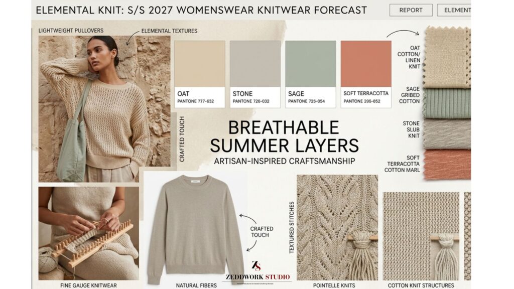 spring-summer-2027-womenswear-knitwear-forecast-elemental-knit A high-end WGSN-inspired fashion report layout titled "ELEMENTAL KNIT: S/S 2027 WOMENSWEAR KNITWEAR FORECAST" focused on breathable summer layers. The top left image shows a model in a natural setting wearing a lightweight, open-weave pullover sweater in an oat tone, carrying a sage green tote bag. A color palette displays four rectangular Pantone swatches: Oat (Pantone 777-632), Stone (Pantone 726-032), Sage (Pantone 725-054), and Soft Terracotta (Pantone 295-852). The right column features neatly stacked fabric swatches illustrating diverse knit structures: oat cotton/linen pointelle knit, sage green ribbed cotton, stone slub knit, and soft terracotta cotton marl. Bottom macro images show hands weaving on a fine-gauge knitting loom, a flat lay of a minimalist stone-colored crewneck sweater, detailed cable-stitched pointelle patterns, and textured cotton stitches with fringe accents.
