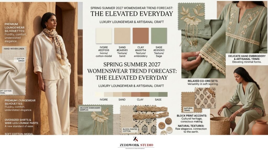 spring-summer-2027-womenswear-trend-forecast-the-elevated-everyday A professional WGSN-style trend forecasting presentation titled "THE ELEVATED EVERYDAY: LUXURY LOUNGEWEAR & ARTISANAL CRAFT" for Spring Summer 2027. The layout features editorial fashion photography of a model leaning against a clay wall wearing an ivory oversized shirt and wide-leg lounge pants made from a soft cotton-modal fabric. A center color palette displays four square swatches with hex codes: Ivoire (#EEF006), Sand (#EA8585), Clay (#A68754), and Sage (#E85063). The right side showcases sage-toned relaxed co-ord sets detailed with delicate hand embroidery, lace, and artisanal trims. The bottom section contains fabric swatches of hand-woven linen, soft cotton-modal, block-printed cotton accents with botanical motifs, natural trims, and wooden buttons.