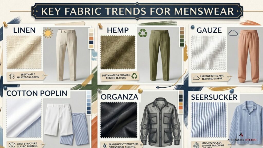menswear-spring-summer-2026-2027-key-fabric-trends-moodboard A professional menswear moodboard titled "Key Fabric Trends for Menswear." The layout features six fabric categories: Linen, Hemp, Gauze, Cotton Poplin, Organza, and Seersucker. Each category includes a textured fabric swatch, text tags describing the material's properties (such as "breathable relaxed tailoring" and "lightweight & airy"), and a realistic 3D product visual of a garment like fluid trousers, bermuda shorts, or relaxed overshirts.