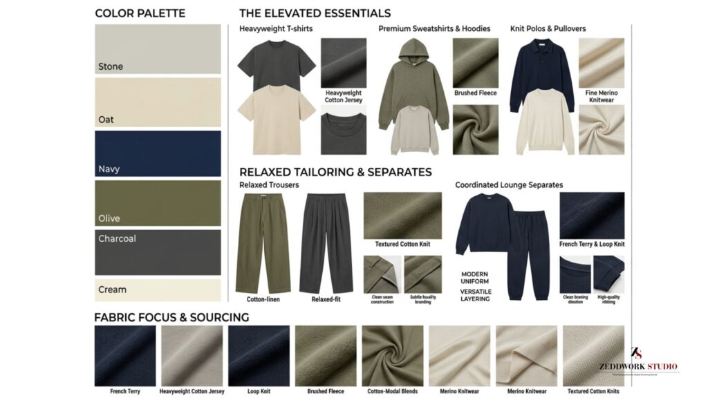 menswear-spring-summer-2026-2027-luxury-elevated-casual-t-shirts-hoodies-pullovers-forecast A luxury menswear trend forecast moodboard on a clean white background, showcasing premium essentials for an elevated casual wardrobe. It includes a color palette panel featuring Stone, Oat, Navy, Olive, Charcoal, and Cream. Sections display flat lays of heavyweight T-shirts, premium sweatshirts, and relaxed trousers alongside detailed fabric close-ups of French Terry, loop knit, and brushed fleece. The right side features lifestyle editorial photography of men in sophisticated, minimalist outfits.
