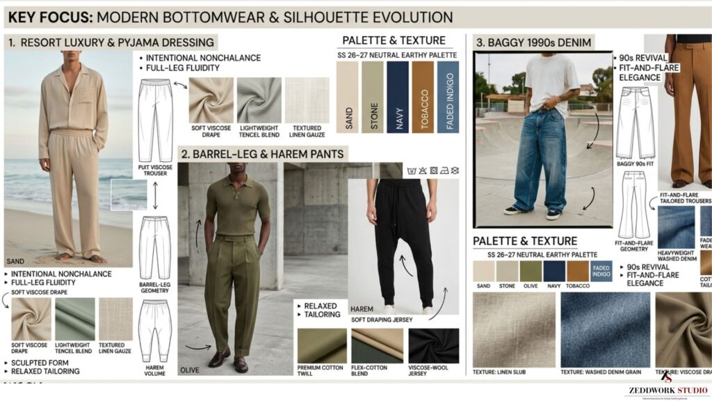 menswear-spring-summer-2026-2027-modern-bottomwear-intentional-volume A WGSN-inspired premium menswear trend forecast layout titled "The Rise of Intentional Volume." The presentation focuses on modern bottomwear silhouettes with sections for Resort Luxury & Pyjama Dressing, Barrel-Leg & Harem Pants, and Baggy 1990s Denim. It features a neutral earthy palette (sand, stone, olive, navy, tobacco, and faded indigo), lifestyle editorial images of relaxed trousers, garment CAD sketches, and close-up textures showing the drape of linen slub, washed denim, and soft viscose fabrics.