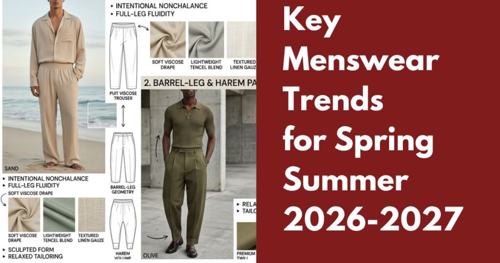 A WGSN-inspired premium menswear trend forecast layout titled "Key Menswear for Spring Summer 2026- 2027"