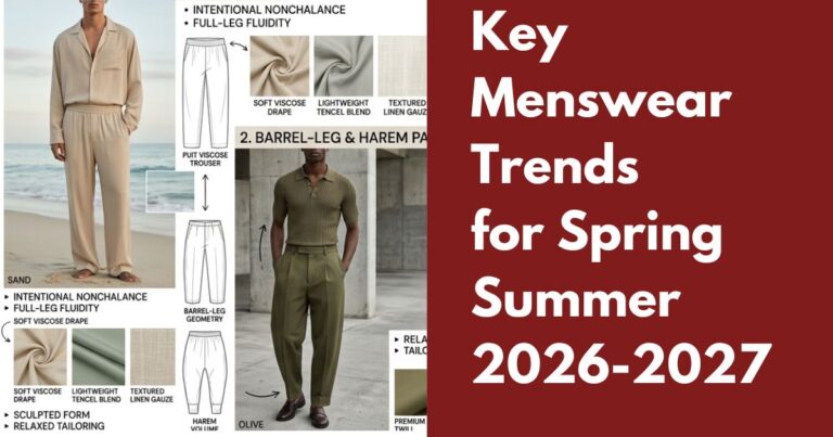 A WGSN-inspired premium menswear trend forecast layout titled "Key Menswear for Spring Summer 2026- 2027"