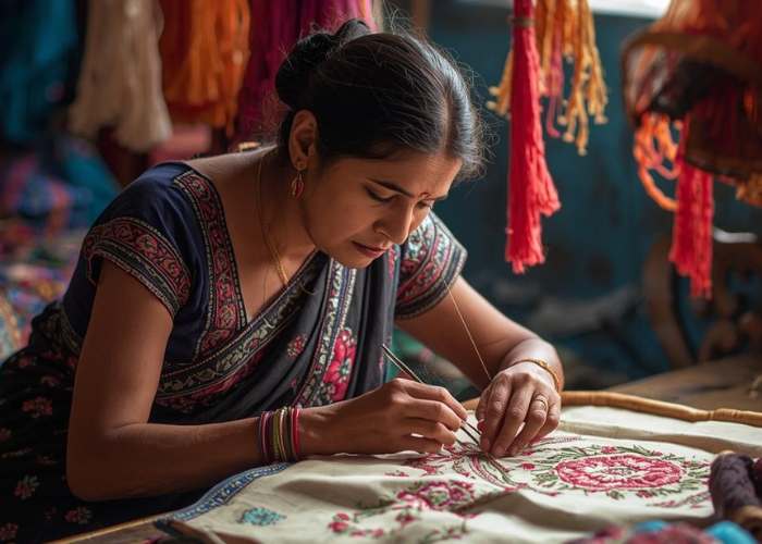 an Indian artisian doing intricate embriodery