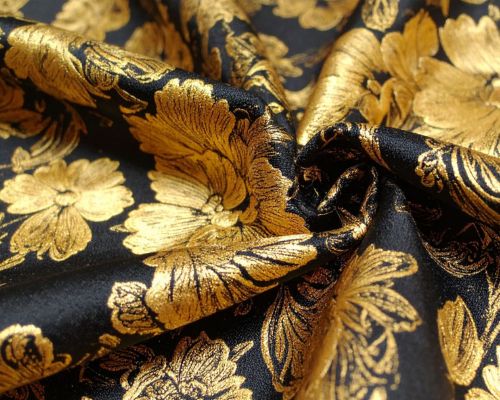 close up of a detailed brocade fabric in black and golden color combination