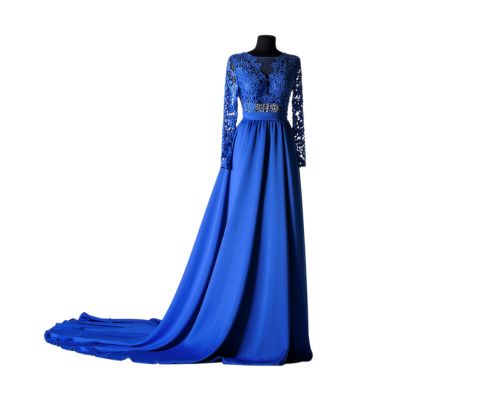 Handcrafted luxury evening gown in blue color with couture draping and crystal embellishment made by Indian occasionwear manufacturers