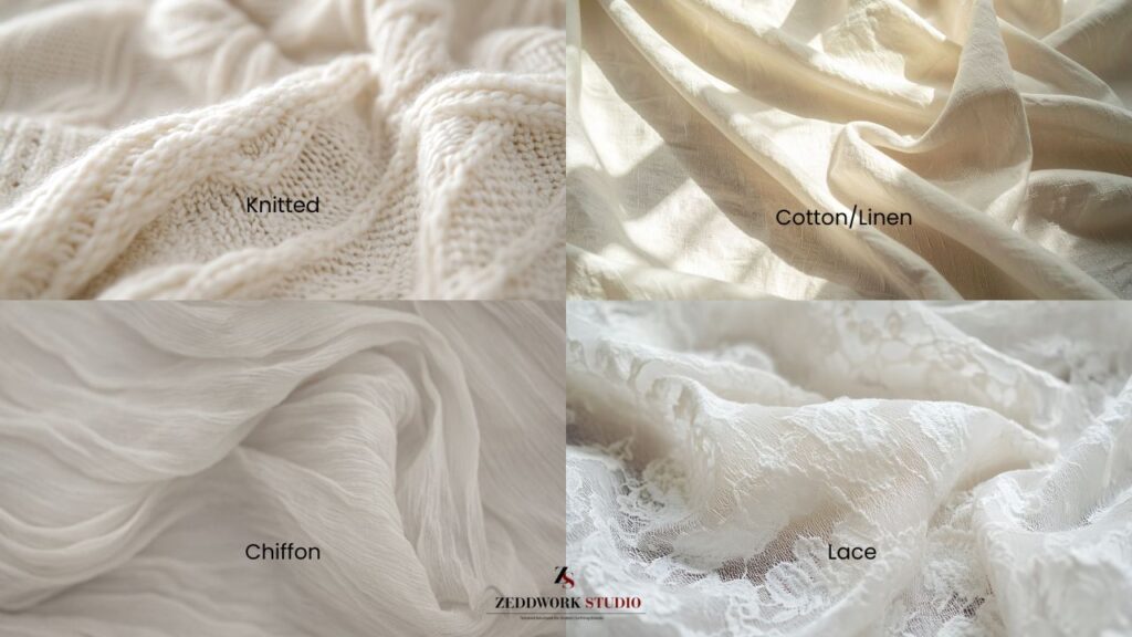 Fabrics for 2026 Collection close of different fabric textures for the color cloud dancer pantone