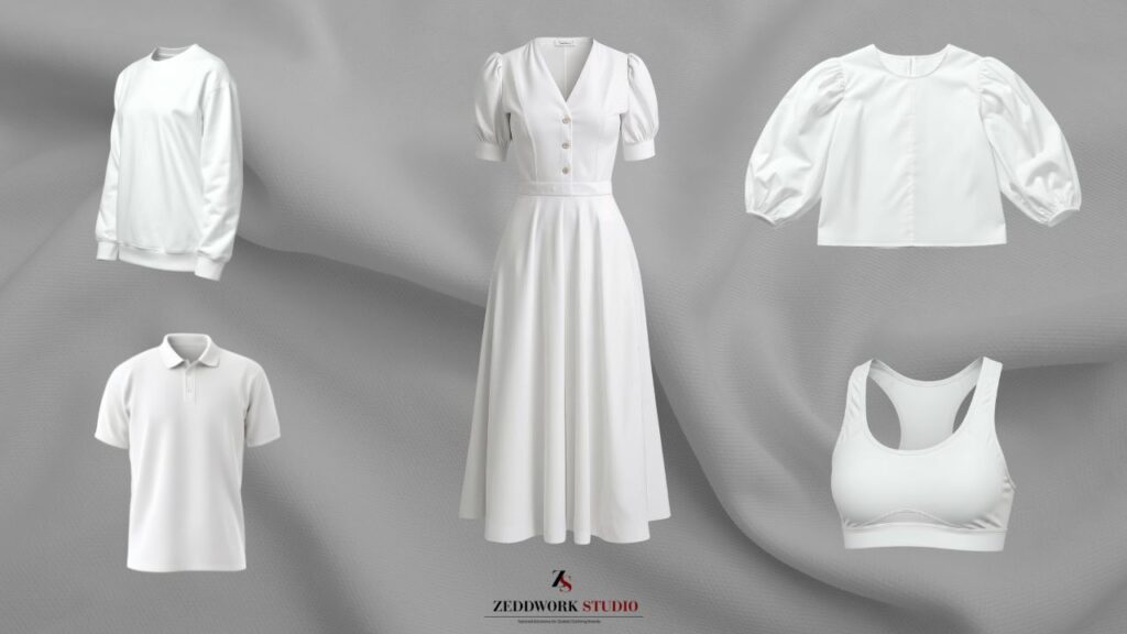 fashion-collection-color-of-the-year-2026-PANTONE-cloud-dancer-zeddwork-studio garments likes hoodie, polo, dress, top, bra in cloud dancer white color collection inspiration for fashion brands 2026