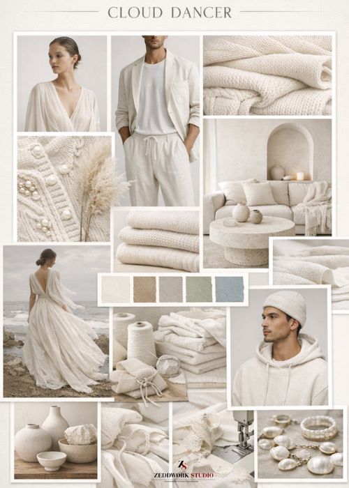 pantone-cloud-dancer-2026-fashion-brands-zeddwork-studio moodboard for fashiob brands in cloud dancer