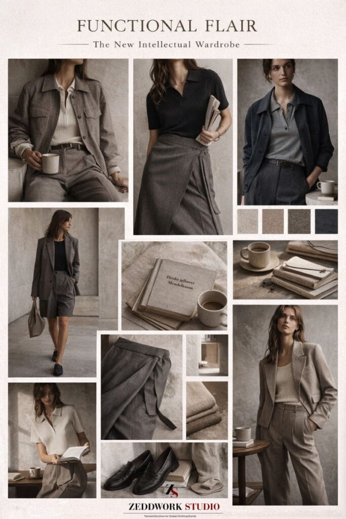 fall-winter-2027-28-fashion-forecast-by-zeddwork-studio-functional-flair fashion moodbaord showing functional fabrics and clothing for fall winter 2027