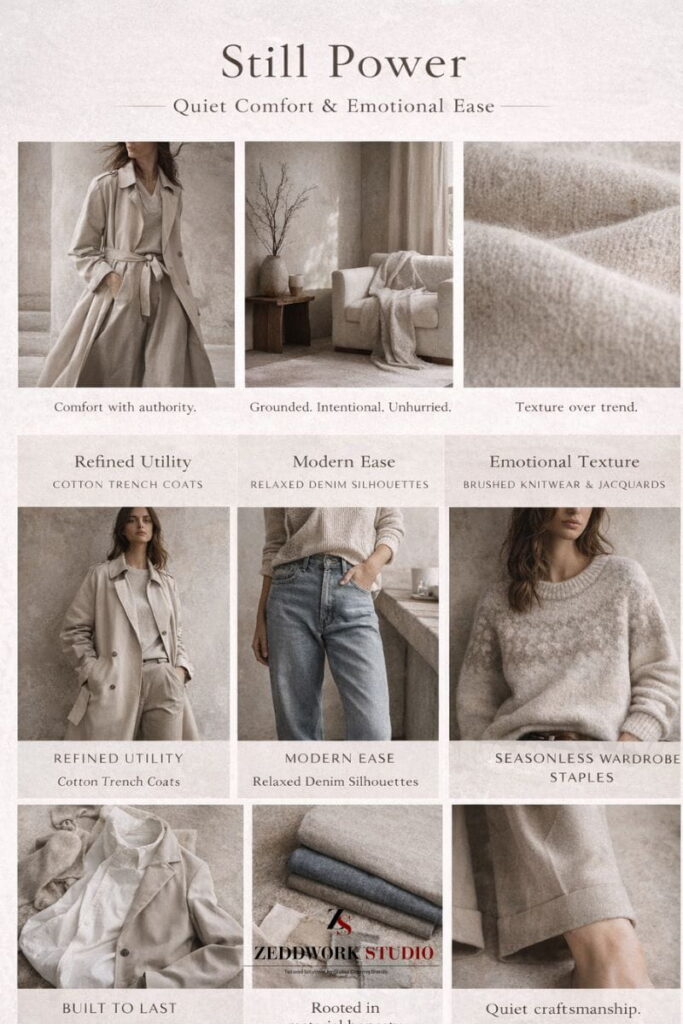 fall-winter-2027-28-fashion-forecast-by-zeddwork-studio-still-power fashion moodbaord showing soft luxury fabrics and clothing for fall winter 2027