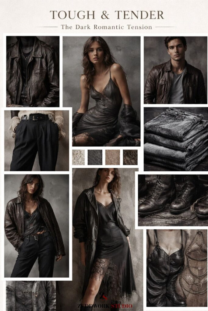 fall-winter-2027-28-fashion-forecast-by-zeddwork-studio-tough-and-tender fashion moodbaord showing leather fabrics and clothing for fall winter 2027