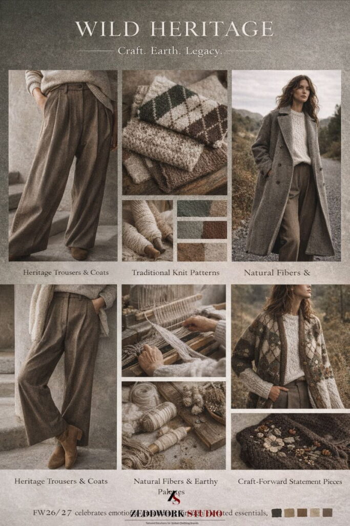 fall-winter-2027-28-fashion-forecast-by-zeddwork-studio-wild-hertiage fashion moodbaord showing hertiage fabrics and clothing for fall winter 2027