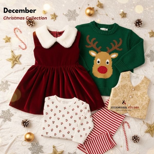 Christmas kidswear collection featuring festive dresses, holiday sweaters and children's Christmas pajamas