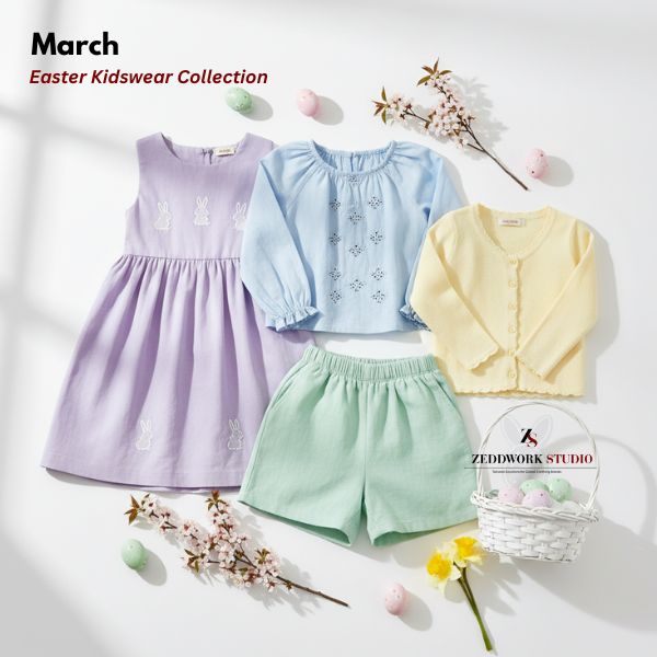 Easter kidswear collection with pastel dresses, embroidered tops and spring outfits for children's fashion brands