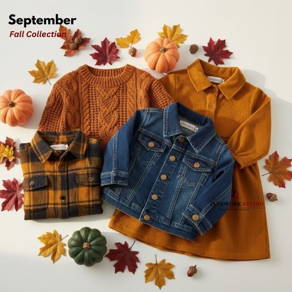 Fall kidswear collection with knit sweaters, flannel shirts and autumn colored children's clothing