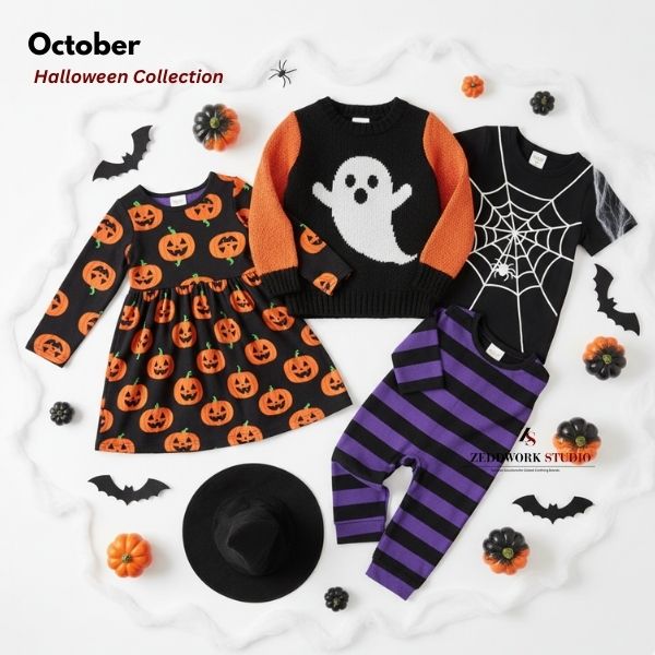 Halloween kidswear collection with pumpkin prints, spooky graphic tees and themed children's clothing