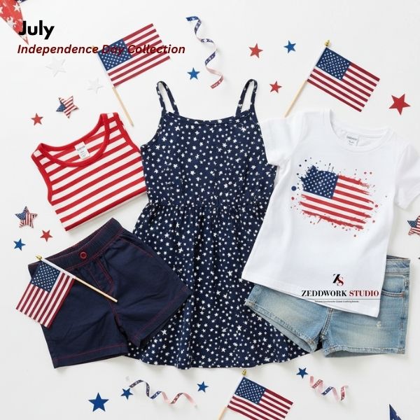 Independence Day kidswear collection with red white and blue outfits and patriotic children's clothing styles