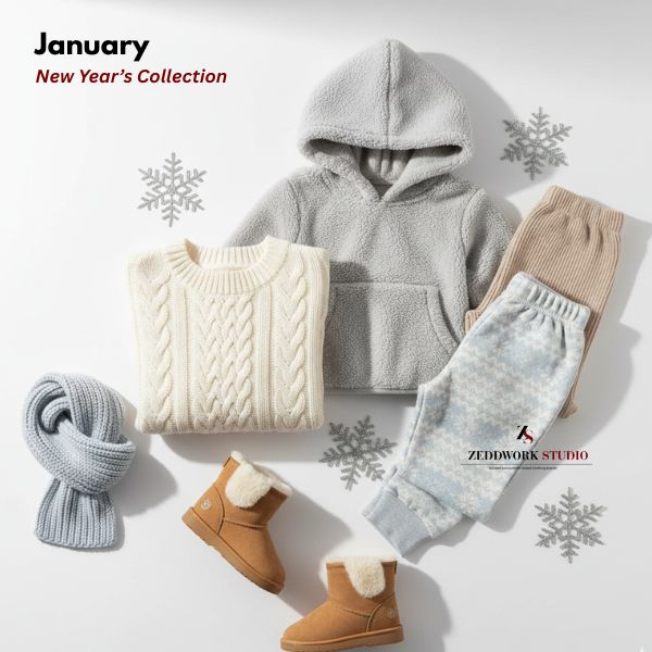 New Year winter kidswear collection featuring cozy sweaters, fleece hoodies and knitwear for children's clothing brands