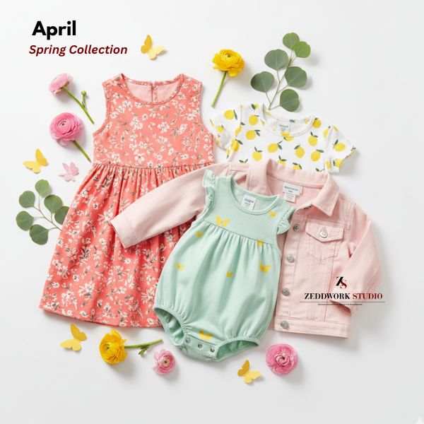 Spring kidswear collection featuring floral dresses, cotton rompers and lightweight jackets for children's clothing brands