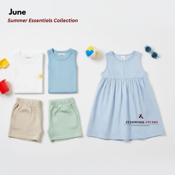 Summer essentials kidswear collection featuring breathable cotton t shirts, tank tops and playwear for children