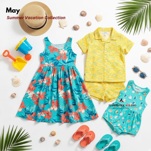 Summer vacation kidswear collection with tropical dresses, cotton shorts and resort style children's clothing