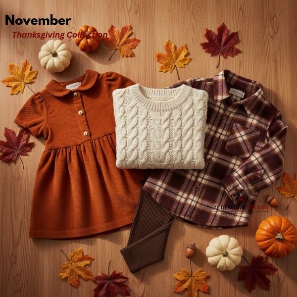 Thanksgiving kidswear collection with cozy sweaters, plaid outfits and warm autumn children's clothing