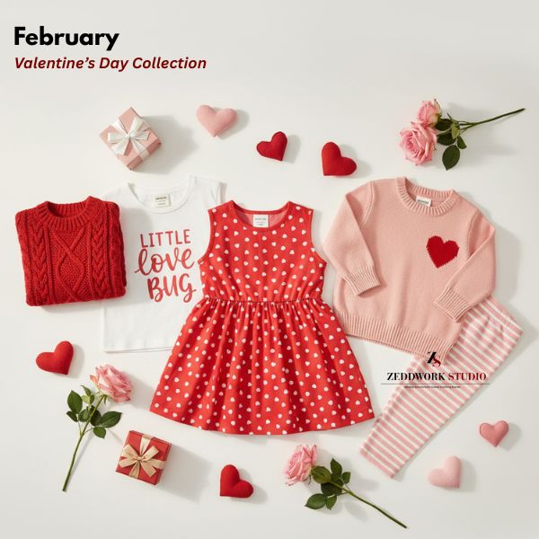 Valentine themed kidswear collection with heart print dresses and red pink outfits for boutique children's clothing brands