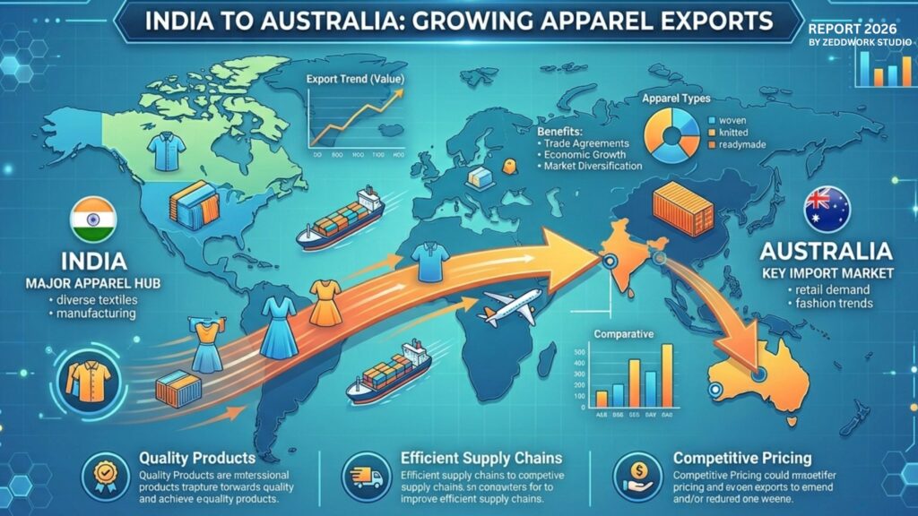 A 1920x1080 infographic blog poster titled "India to Australia: Growing Apparel Exports," illustrating how India is becoming an apparel manufacturing partner for Australian brands. The graphic features a blue, tech-themed global map where a prominent orange trade arrow originates directly from a highlighted map of India and curves downward to land precisely on Australia. The poster includes data charts, icons of clothing items like dresses and shirts, cargo ships, and promotional text highlighting key trade benefits such as quality products, efficient supply chains, and competitive pricing.
