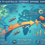 A 1920x1080 infographic blog poster titled "India to Australia: Growing Apparel Exports," illustrating how India is becoming an apparel manufacturing partner for Australian brands. The graphic features a blue, tech-themed global map where a prominent orange trade arrow originates directly from a highlighted map of India and curves downward to land precisely on Australia. The poster includes data charts, icons of clothing items like dresses and shirts, cargo ships, and promotional text highlighting key trade benefits such as quality products, efficient supply chains, and competitive pricing.