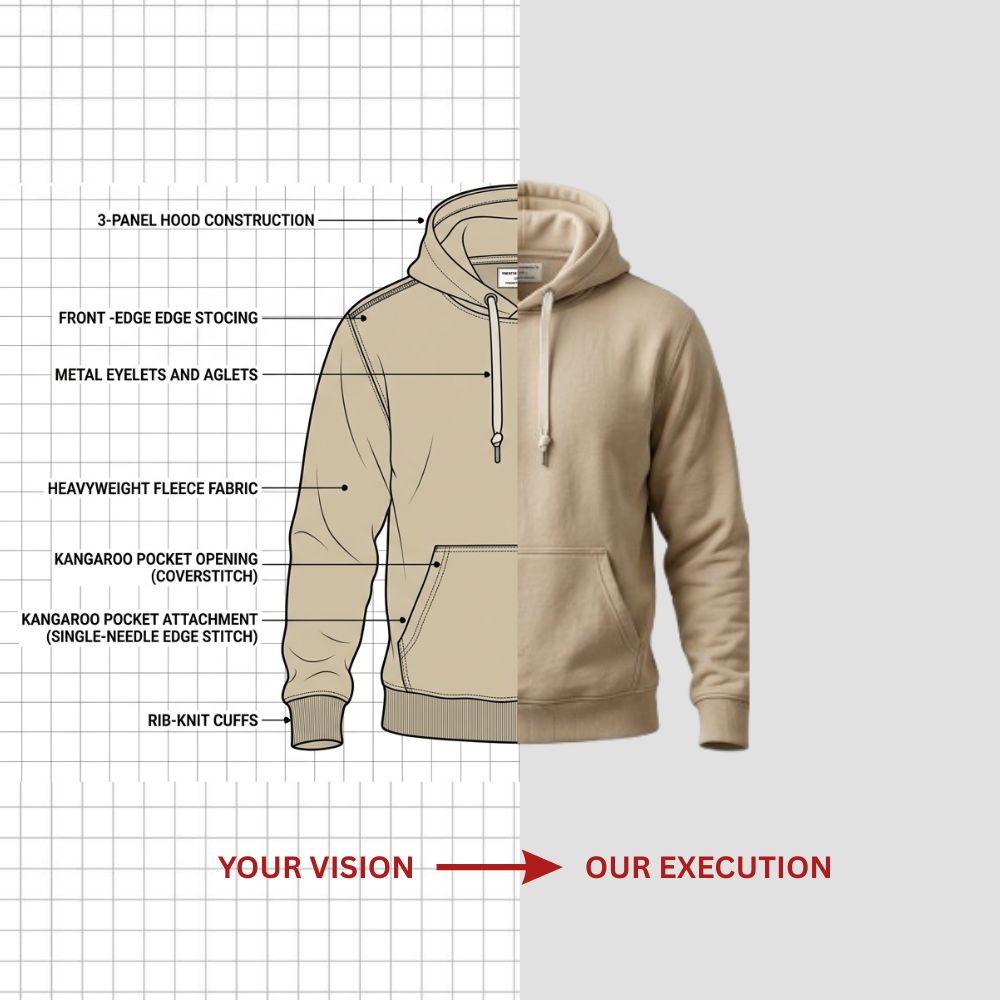 technical flat sketch of hoodie and real hoodie divided in split scrren to represent hoodie manufacturers with end to end support