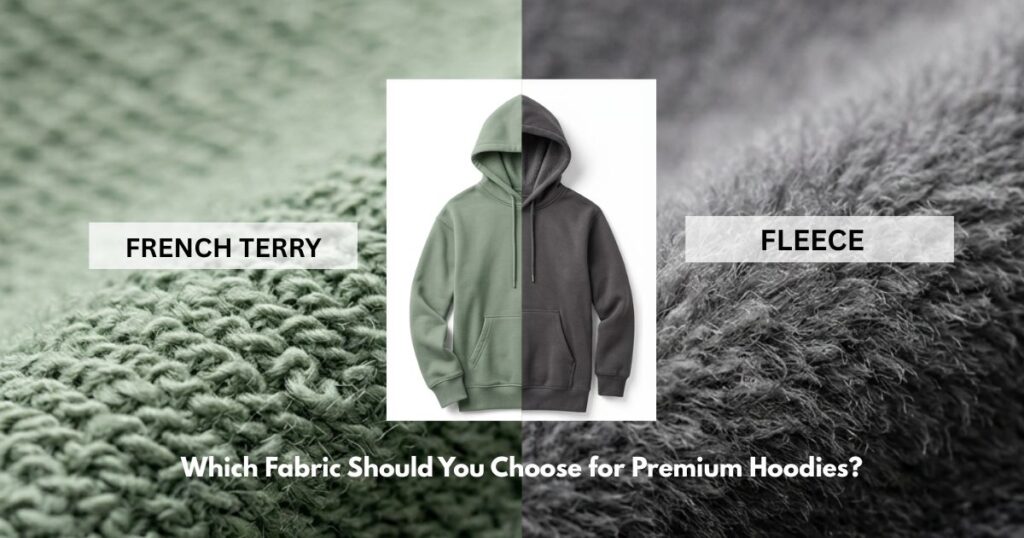 A split-screen graphic comparing apparel manufacturing fabrics for premium hoodies. The left side features an ultra-realistic close-up of light green French Terry fabric showing its signature textured loop-back knit, overlaid with a white label reading "FRENCH TERRY". The right side features a close-up of dark grey fleece fabric showing its soft, brushed, and fuzzy texture, overlaid with a white label reading "FLEECE". In the center, a smaller square image shows a hoodie split down the middle—the left half is green French Terry and the right half is dark grey fleece. Text at the bottom center reads, "Which Fabric Should You Choose for Premium Hoodies?
