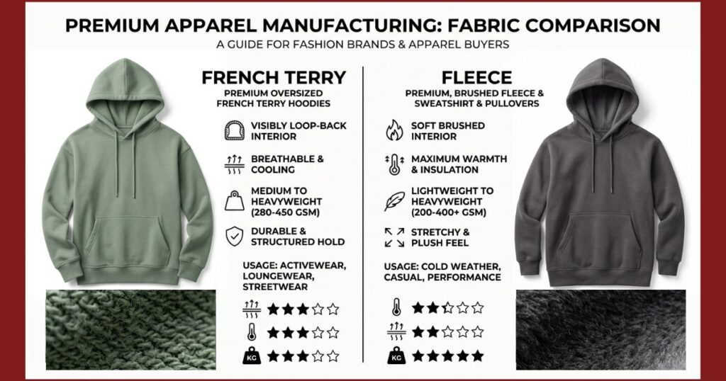 An infographic poster titled "PREMIUM APPAREL MANUFACTURING: FABRIC COMPARISON - A GUIDE FOR FASHION BRANDS & APPAREL BUYERS" on a white background with a dark red border. The poster features a split-screen design comparing two types of sweatshirt fabrics.  The left side focuses on "FRENCH TERRY" for premium oversized hoodies, displaying a sage green pullover hoodie alongside a detailed texture swatch of its visibly loop-back knit interior. Bullet points note its features: Visibly Loop-Back Interior, Breathable & Cooling, Medium to Heavyweight (280-450 GSM), and Durable & Structured Hold, with usage listed for Activewear, Loungewear, and Streetwear. Star ratings show high breathability, moderate warmth, and moderate weight.  The right side focuses on "FLEECE" for premium, brushed fleece sweatshirts & pullovers, showcasing a dark charcoal grey hoodie next to a detailed swatch of its soft, fuzzy brushed interior. Bullet points note its features: Soft Brushed Interior, Maximum Warmth & Insulation, Lightweight to Heavyweight (200-400+ GSM), and Stretchy & Plush Feel, with usage listed for Cold Weather, Casual, and Performance. Star ratings show high warmth, lower breathability, and maximum weight/density