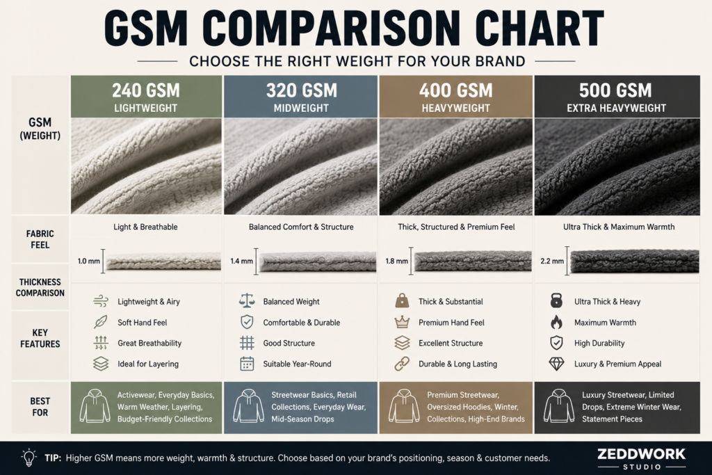gsm-guide-for-hoodies-pullovers-sweatshirt hoodies fabric gsm comparision infographics