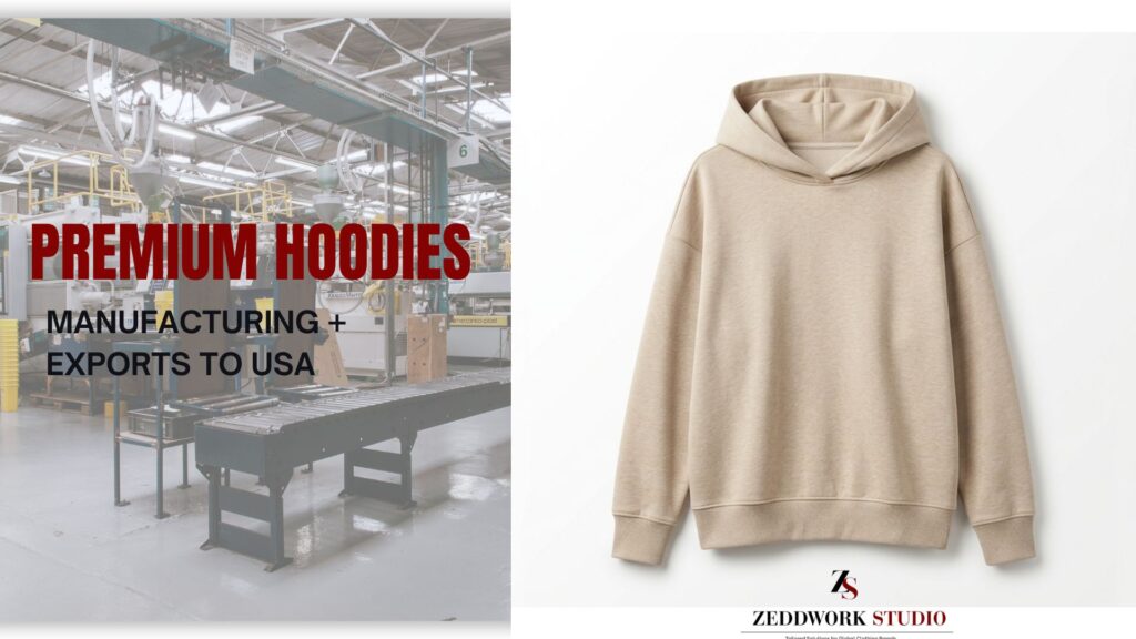 A promotional split-screen graphic for a premium apparel manufacturer and exports partner, tailored for USA brands. The left side features an industrial clothing factory floor with a conveyor belt assembly line, overlaid with bold text that reads "PREMIUM HOODIES: MANUFACTURING + EXPORTS TO USA". The right side displays a high-end product photograph of a women's relaxed, oversized lightweight hoodie in a soft natural beige French Terry fabric, isolated on a white background. The bottom center features the "ZEDDWORK STUDIO" brand logo with the tagline "Tailored Solutions for Global Clothing Brands