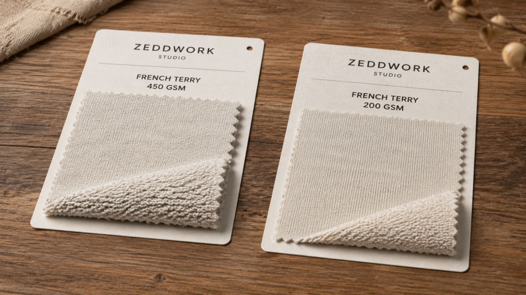 200-gsm-vs-450-gsm-french-terry-for-hoodies-production-difference side by side comparision of 200 gsm french terry and 450 gsm french terry swatches in Zeddwork Studio swatch cards kept in wooden table