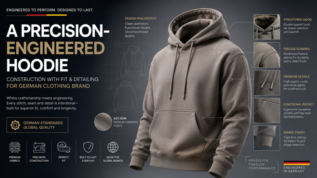Precision-engineered hoodie construction for German clothing brands, showcasing premium hoodie and sweatshirt manufacturing in India with technical fit, detailing, stitching, fabric quality, and global export standards.
