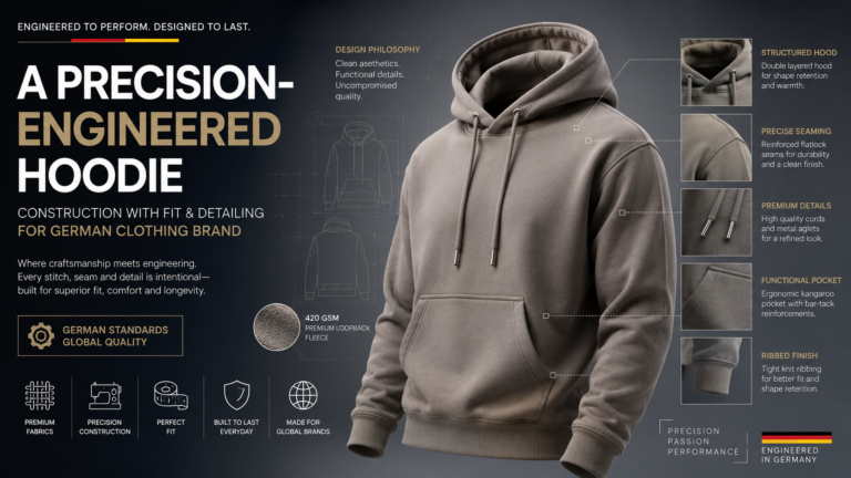 Precision-engineered hoodie construction for German clothing brands, showcasing premium hoodie and sweatshirt manufacturing in India with technical fit, detailing, stitching, fabric quality, and global export standards.